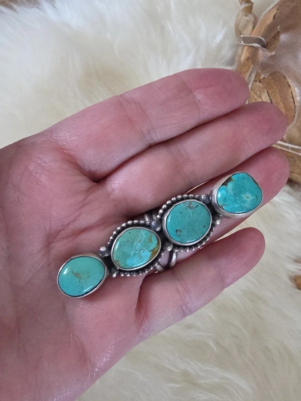 Fantastic NWT Native American Navajo Tyrone Turquoise 4 Stone Crawler Ring 🩵🎁